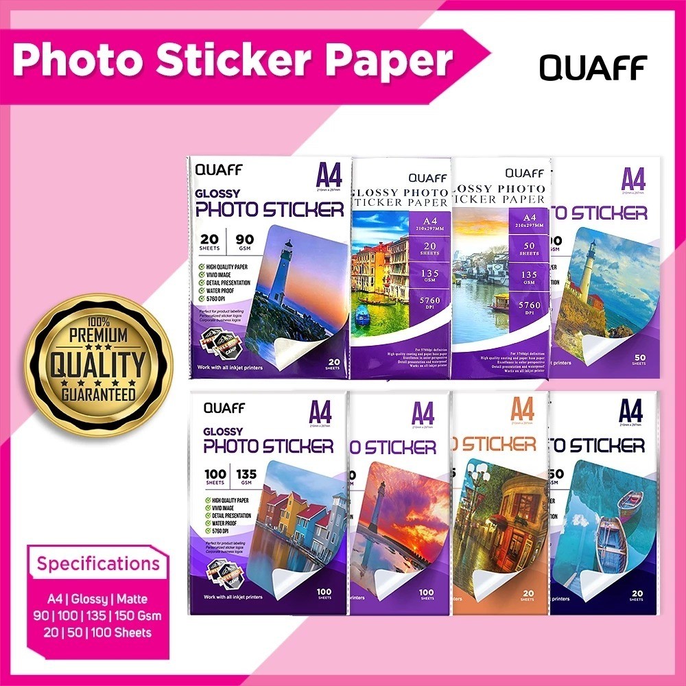 

Quaff Glossy Photo Sticker A4 A3 Size Inkjet Paper 90GSM & 135GSM 20 Sheets&50 Sheets
