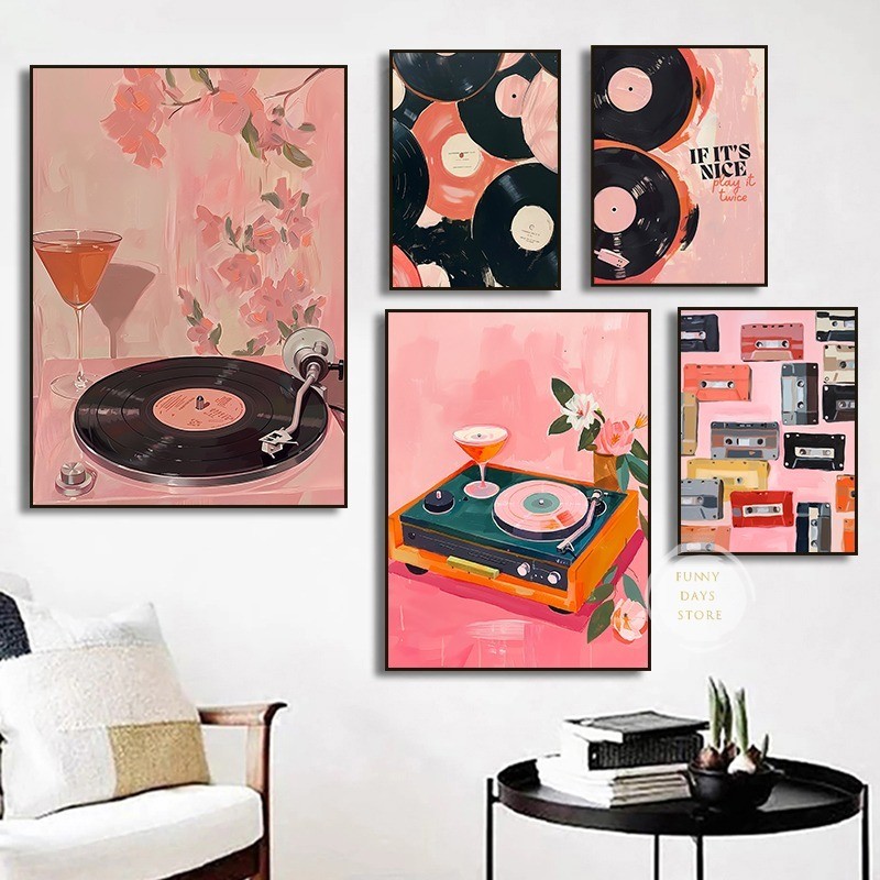 

Vintage Record Cassette Tape Canvas Painting Aesthetic Pink Wall Flowers Cocktail Poster Print Music for Living Room Home Decor