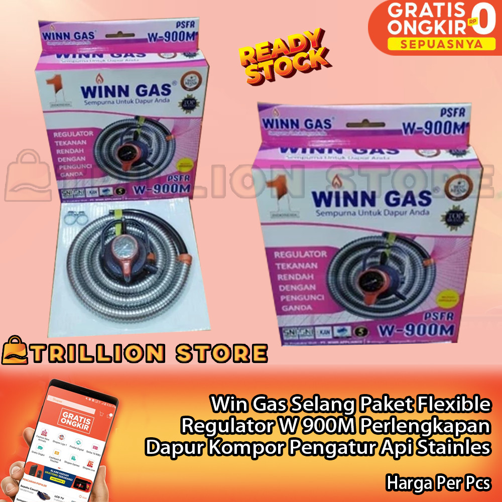 Win Gas Paket Regulator W 900M Selang Flexible Peralatan Rumah Tangga Kompor LPG Anti Bocor Katup St