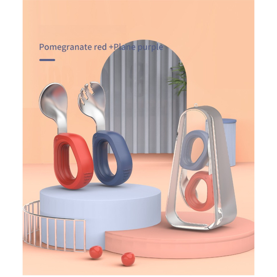 Self-Feeding Utensil Set for Babies: Curved Short Handle Spoon & Fork, 304 Stainless Steel Heads wit