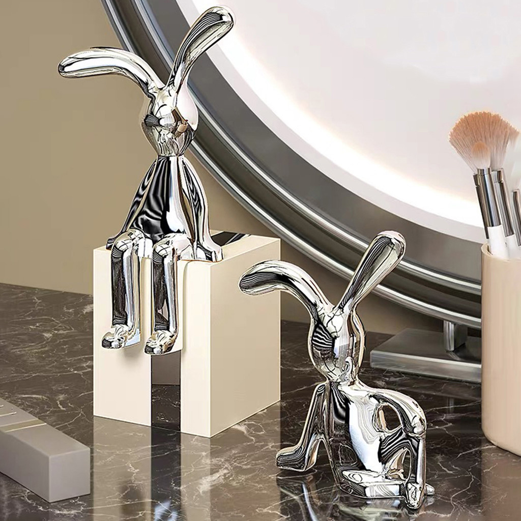 

2pcs Sitting Long Ears Rabbit Ornament, Golden Silvery Statue Art Craft,For Bookshelf Home Living Room Office Cafe Decor, Room