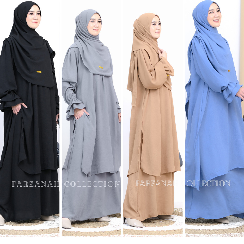 PARXETSHOP  One Set Abaya Khadijah Rok + Long Tunik + Pasmina Crinkle Airflow Setelan Abaya Umroh Ha