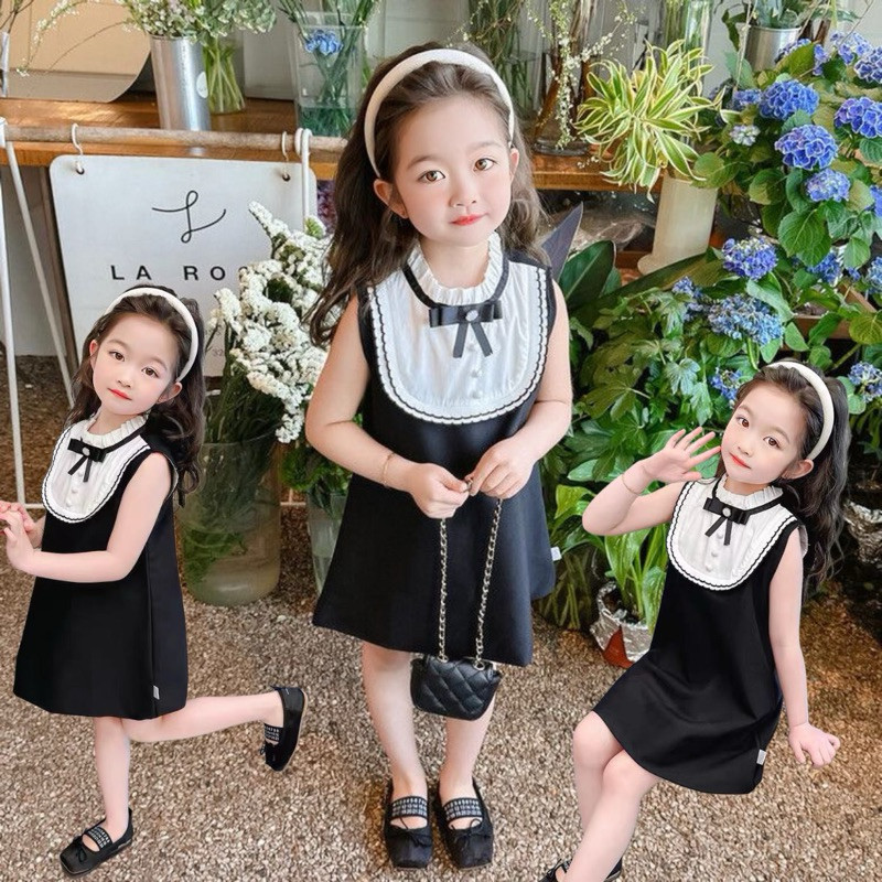 DRESS ANAK PEREMPUAN CANTIK HITAM PUTIH BAJU GAUN KOREA