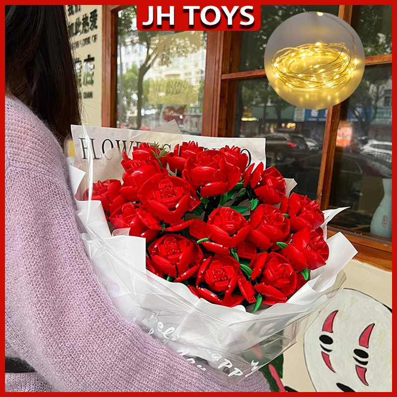 JH TOYS Bunga Mawar Lampu LED Mainan Bunga DIY Buket Bouquet Rose Kreatif Untuk Blocks Romantis Hadi