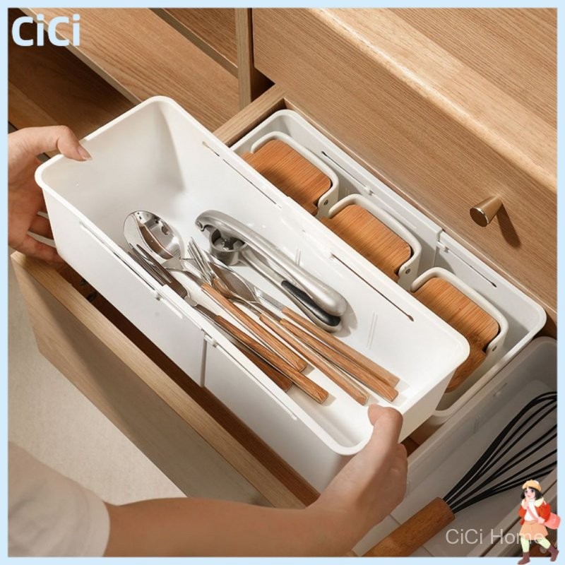 Kotak Organizer Sekat Laci Pakaian Fleksibel Tempat Bumbu Sendok Plastik Putih