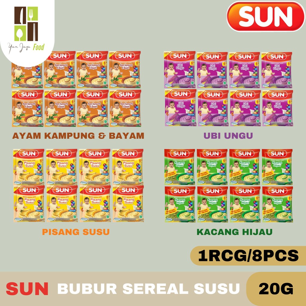 

Sun Bubur Sereal Susu 20g - 1 RCG/8PCS / Rasa Kacang Hijau / Pisang Susu / Ubi Ungu / Ayam Kampung / Bubur Bayi 6+ Bulan