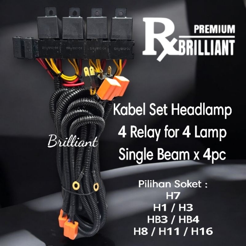 Vip3 * HLM / RWB - Kabel Set Relay Lampu - Headlamp Mobil Khusus 4 Lampu Single Beam - 4 Relay - H1 