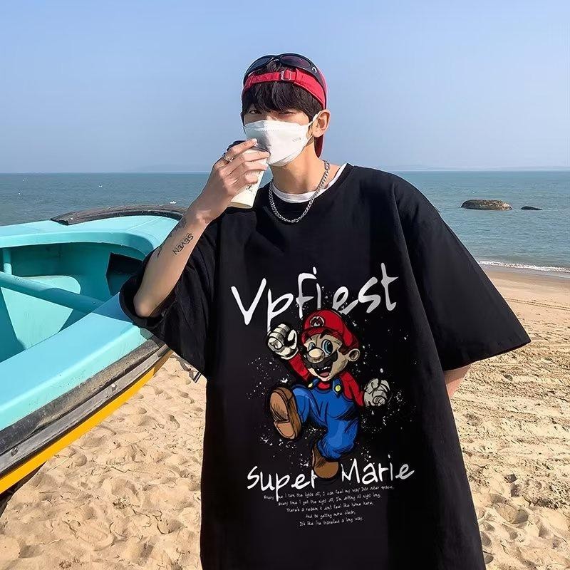 (YL) Kaos Musim Panas Kaos Pendek Oversized Kaos Santai PRIA Kaos Pola Kartun Mario Kaos Fashion Rem