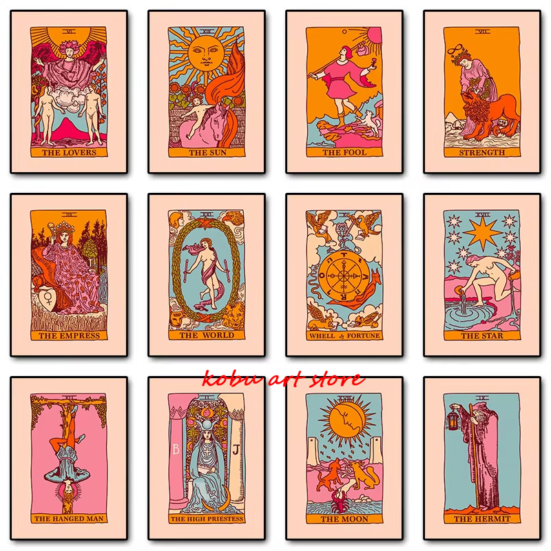 

Abstract The Lovers Tarot Card Poster The Sun Moon Fool Tarot Canvas Painting Retro Wall Art Print Pictures for Room Home Decor