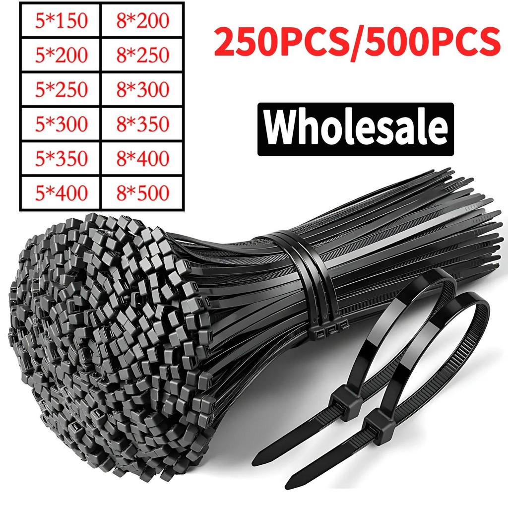 

Multipack Nylon Cable Ties 200/300/500mm, Self-Locking Black Zip Ties for Home Organization, Garden, DIY Crafts - 250/500pcs/Bag