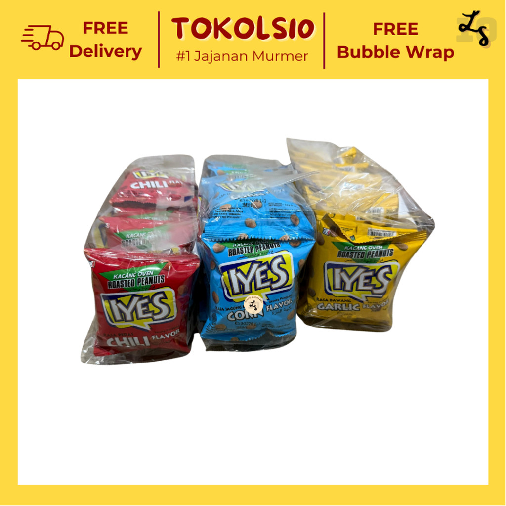 

Iyes Kacang Oven Roasted Peanuts Rasa Bawang/Jagung/Pedas 1 Pack isi 10 pcs+GRATIS 1 12gr