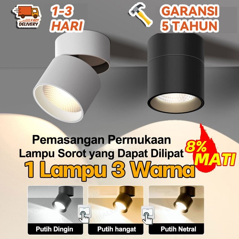 Lampu LED Sorot Foldable Downlight 3 Warna Spotlight Adjustable Lampu Hias Ruang Tamu Super Terang L