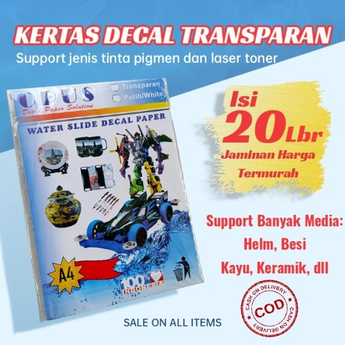 

TERLARIS! Kertas Decal Transparant uk A4 Isi 20 lmbr, Kertas water slide decal