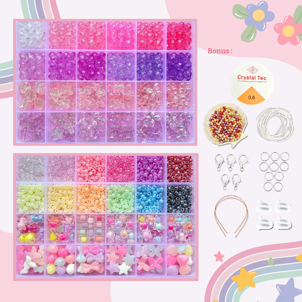 DIY Set Box Manik Manik Mote Pasir Lengkap Gelang,cincin dan kalung (bonus benang elastis dan mutiar