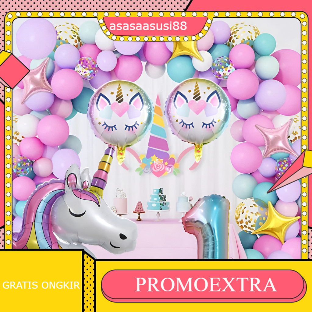 Set Balon Pelangi Unicorn Dekorasi Ulang Tahun Anak Perempuan Baby Shower Merah Muda Ungu Pesta Late