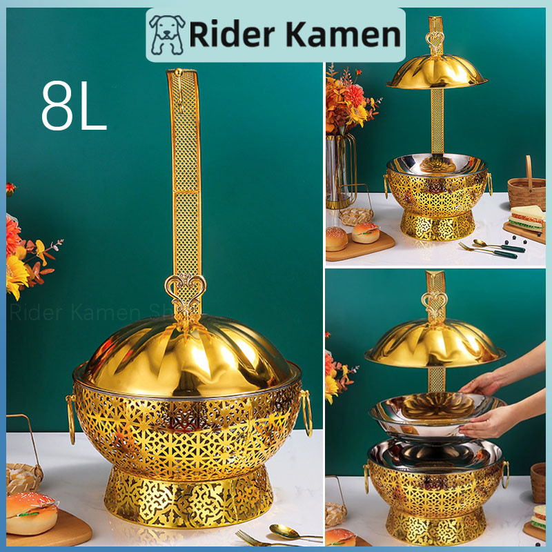 8L Food Warmer Renda Berlian Gold Chafing Dish Roll Top Round Panci Prasmanan