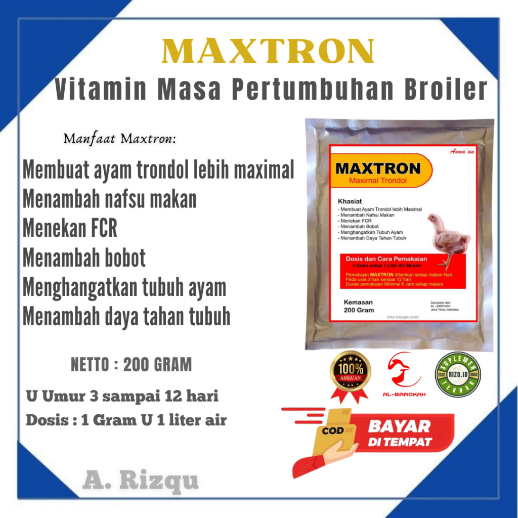 MAXTRON ( Maximal Trondol ayam broiler ) - SUPLEMEN MASA PERTUMBUHAN - SUPLEMEN dan VITAMIN AYAM BRO