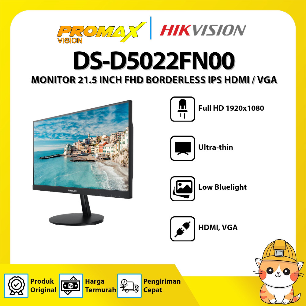 HIKVISION DS-D5022FN00 MONITOR 21.5 INCH FHD BORDERLESS IPS HDMI / VGA