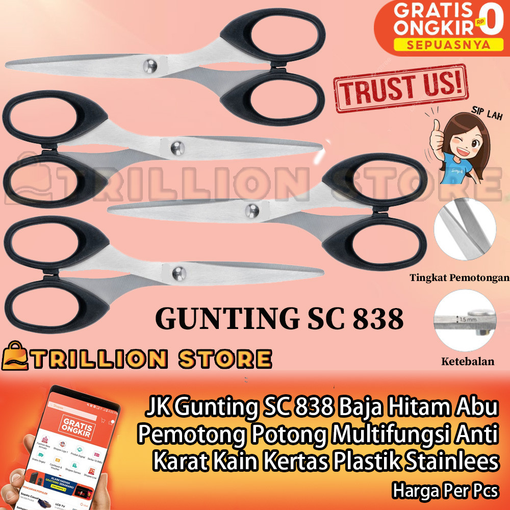 

JK Gunting SC 838 Baja Hitam Abu Pemotong Potong Multifungsi Anti Karat Kain Kertas Kemasan Stainless Stenlis Itam Item Abu Anti Karat Gagang Handle Plastik Ergonomis Kuat Tahan Lama NDL Rumah Sekolah Kantor