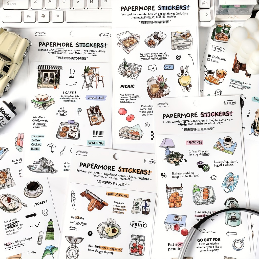 

MOHAMM 2 Sheets Retro ins Cute Weekend Picnic Stickers for Scrapbooking DIY Decorative Material Collage Journaling