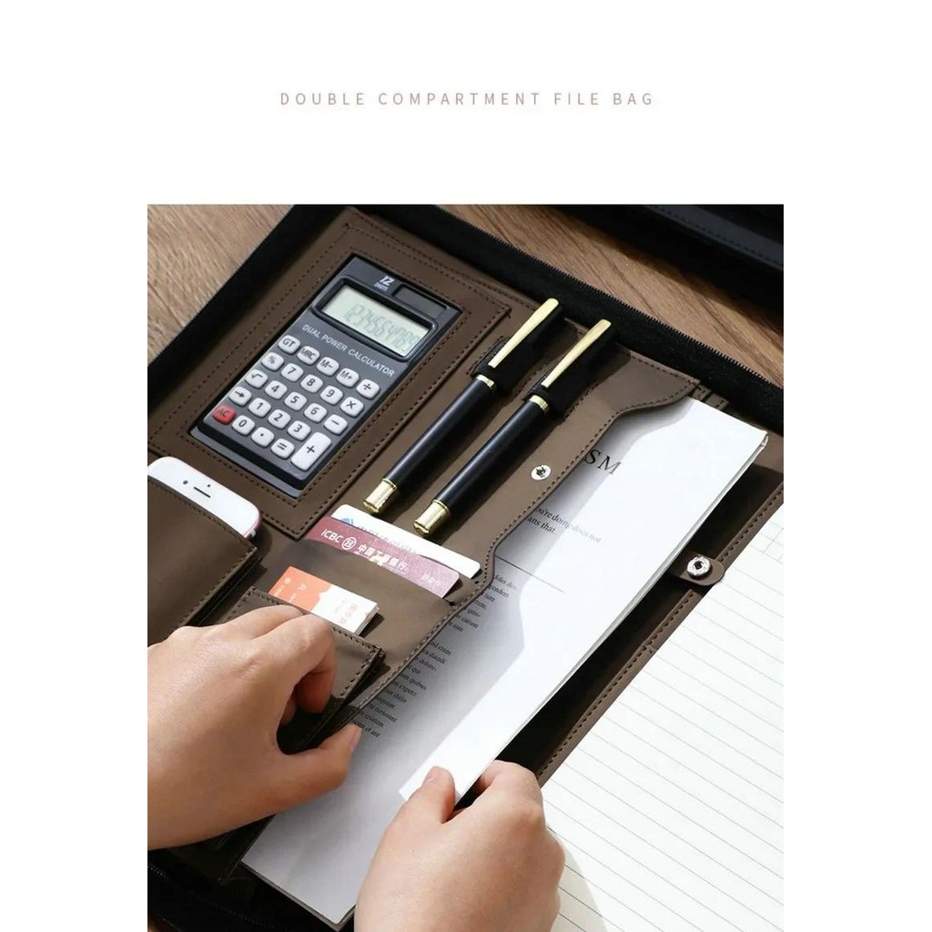 

PU Leather Portafolio A4 Document Case Zipper Business Padfolio Leather Folder Binder A4 Portfolio Case With Calculator