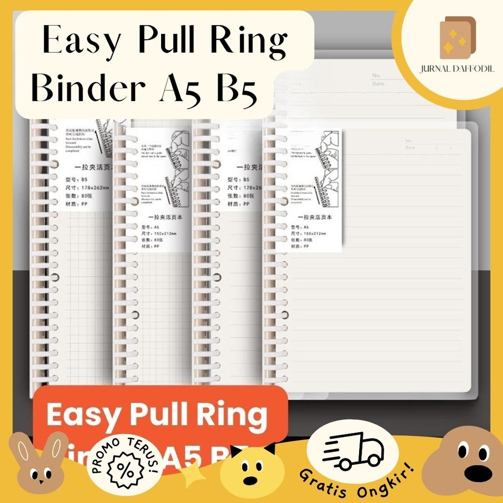 

Jurnal Daffodil - Easy Pull Ring Binder A5 B5 PP Removable Grid Notebook One Pull Clip Removable Core Ring DIY Binding Strip A5 B5 Ring Binding
