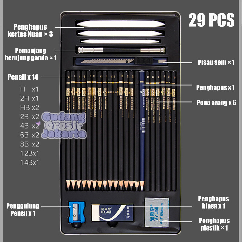 

qwe Nyoni Drawing Pencil Gambar Set 29pcs Metal Tin Box Pensil Gambar Lukis Sketsa Lengkap Paket