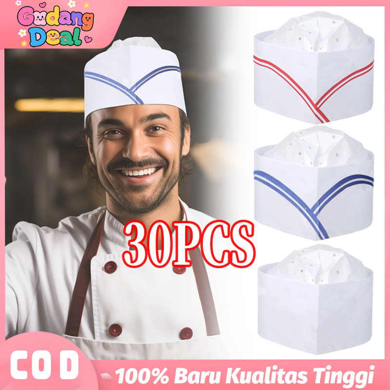 30PCS Topi Koki Kertas Topi Koki Chef Pria Wanita Topi Chef Masak Dapur Kitchen Unisex