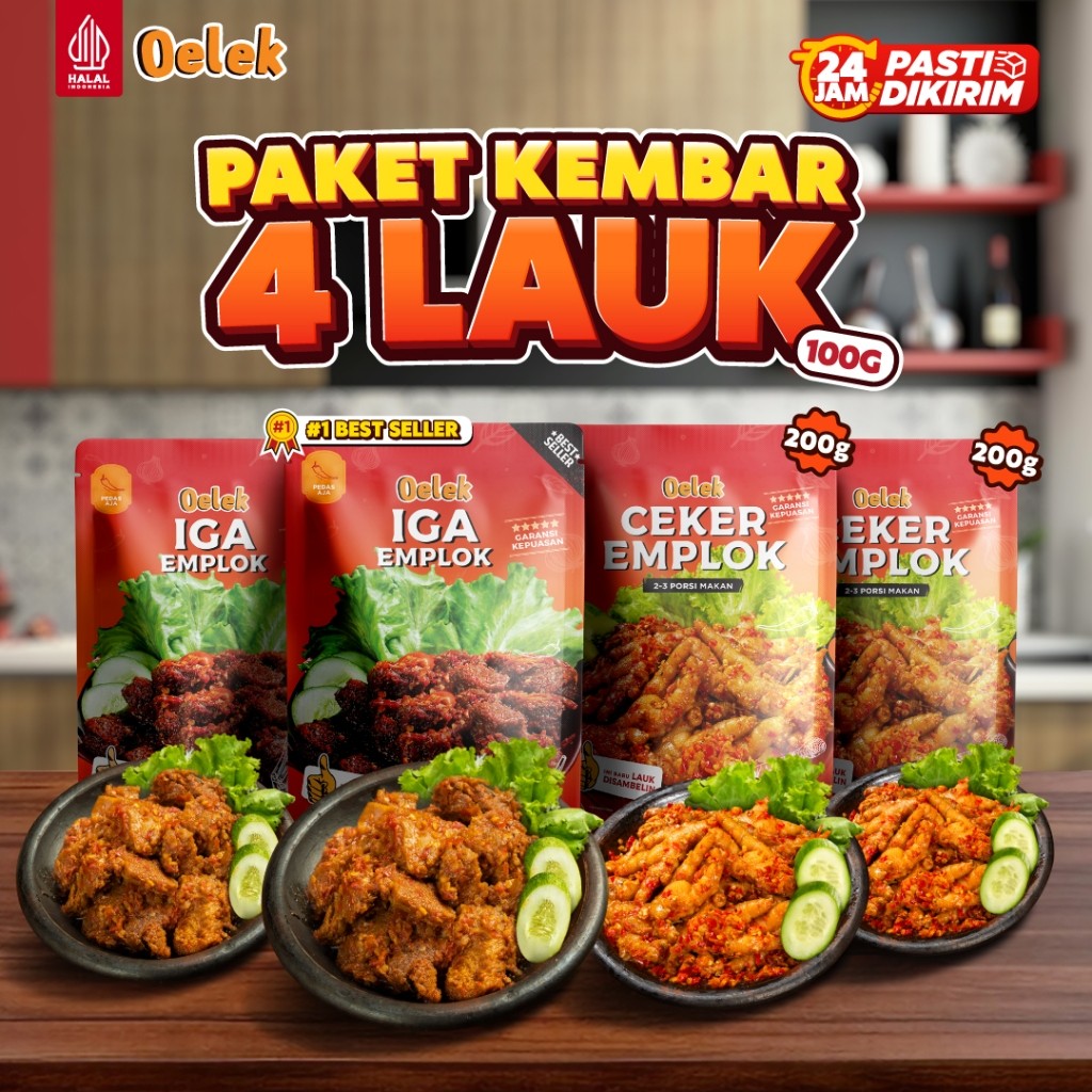

Oelek Paket Kembar 4 Lauk 100gr / Lauk Siap Saji / Iga Emplok / Ceker Emplok / Cumi Cabe Ijo / Ayam Kecombrang