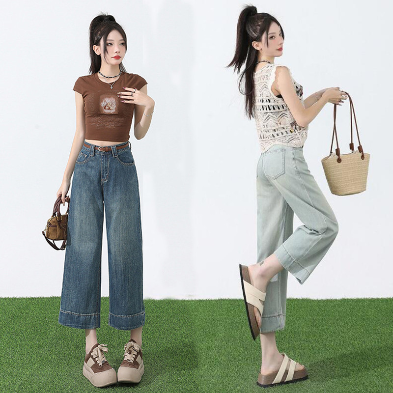 S~7XL Jeans Wanita Korea Retro Pinggang Tinggi Baru Lurus Longgar Kaki Lebar Jeans Sembilan Titik