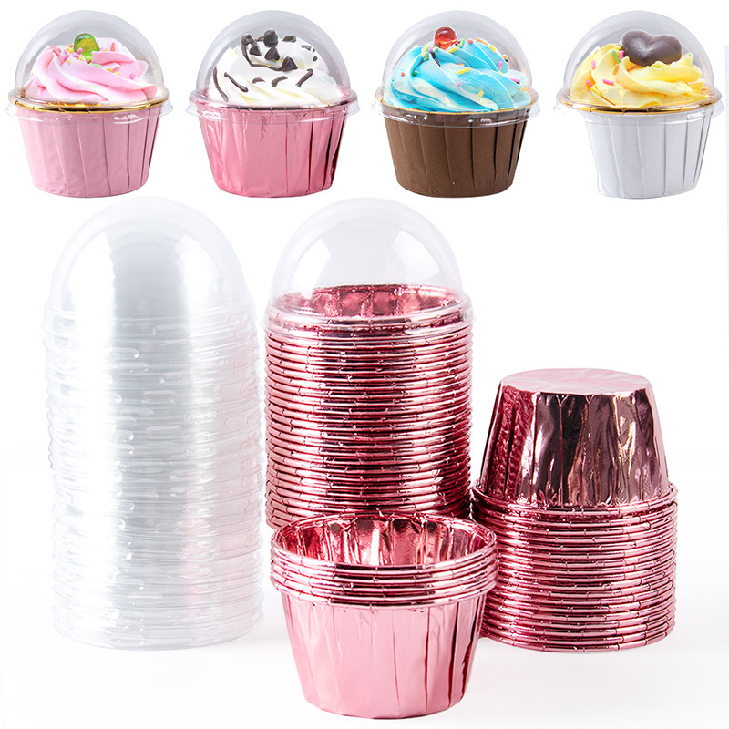 

25/50pcs Foil Cupcake Liners with Lids Aluminum Cake Cup Round Foil Baking Cups with Dome Birthday Wedding Party Supplies