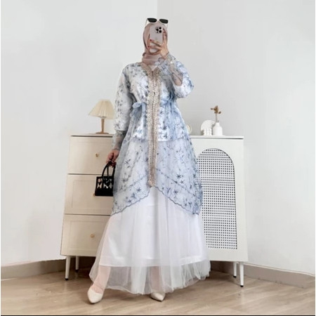 Gamis Biru Motif Bunga Oneset Rayya Model Outer Brokat Rok Tutu Outfit Dress Lebaran Kondangan
