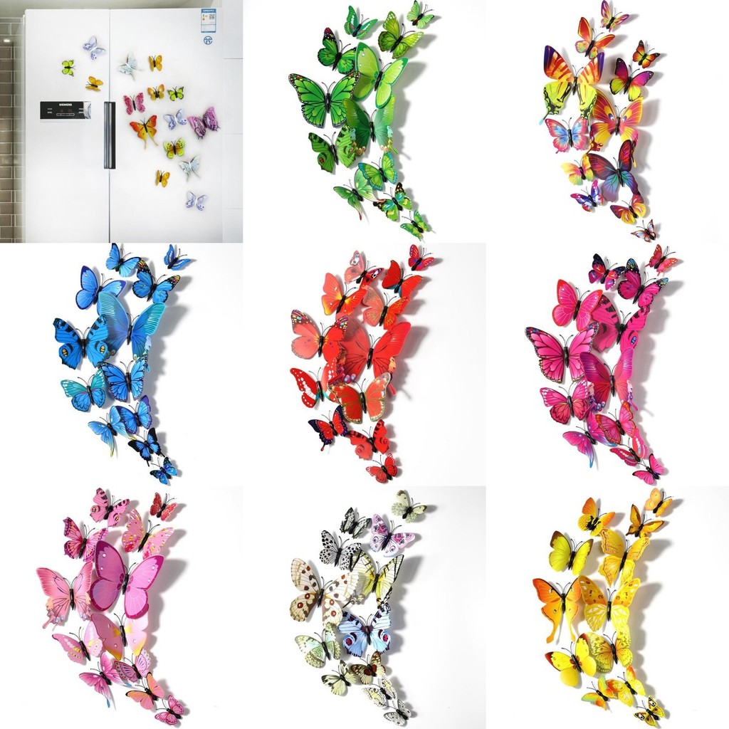 

12pcs/set PVC 3D Butterfly wall decor cute Butterflies wall stickers art Decals home Fridge Decoration art Removable Magnetic
