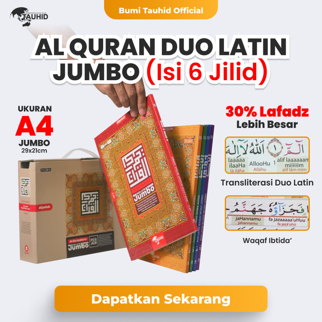 

Al Quran Duo Latin Jumbo A4 Paket Box Isi 6 Jilid AlQuran Latin dan Terjemahan Al-Qur'an Lansia