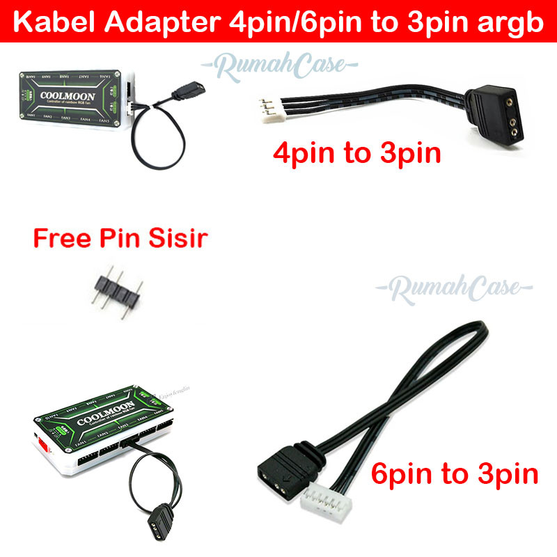 Kabel Adapter ARGB Fan 4pin / 6pin to 3pin 5v mobo led strip kipas converter konektor 4 / 6 pin 3 ad