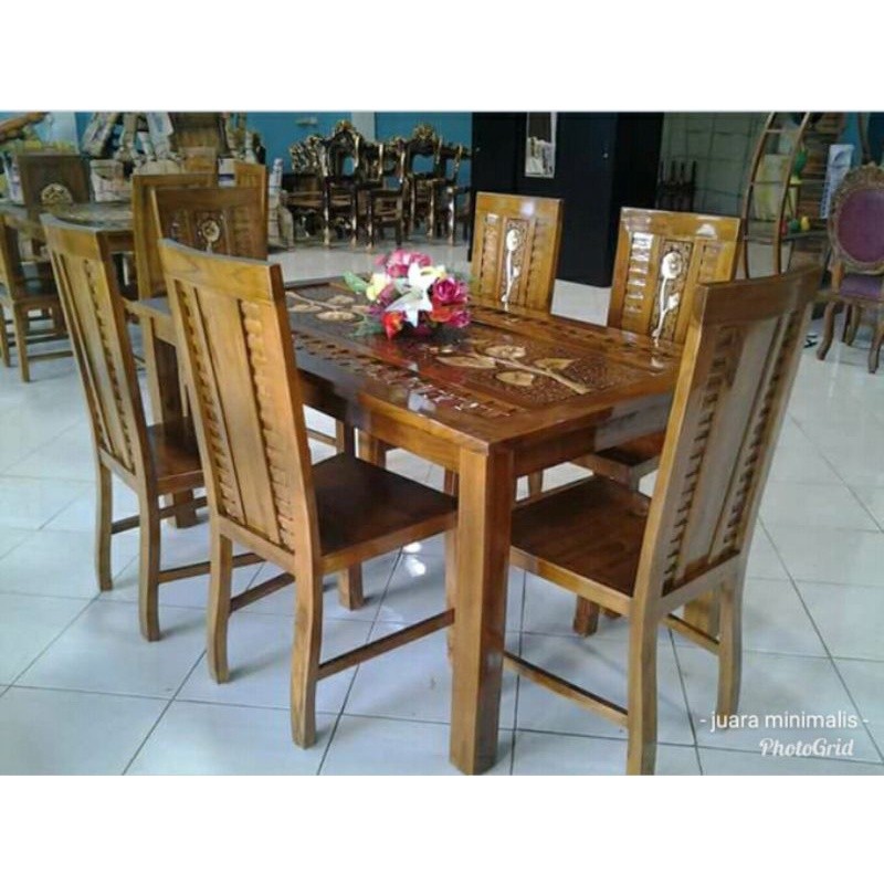 Set meja makan kepang kayu jati meja makan ukir Jepara