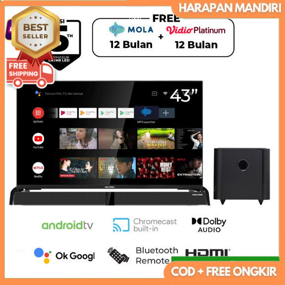 POLYTRON PLD 43 BAG 9953 E + SUBWOOFER SWF 0251 - SMART ANDROID TV LED 43 + USB MOVIE BR2