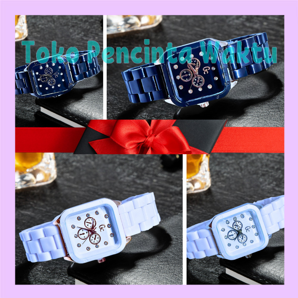 Jam Tangan GC Analog Quartz Persegi - Stainless Steel Case, Karet Strap, Mineral Crystal