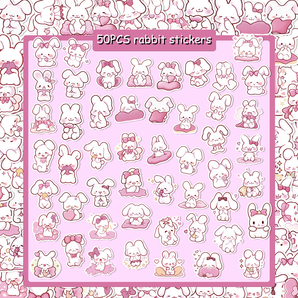 

50PCS Cute Pink Rabbit Stickers Car Luggage Notebook Skateboard Water Cup Waterproof Graffiti Stickers