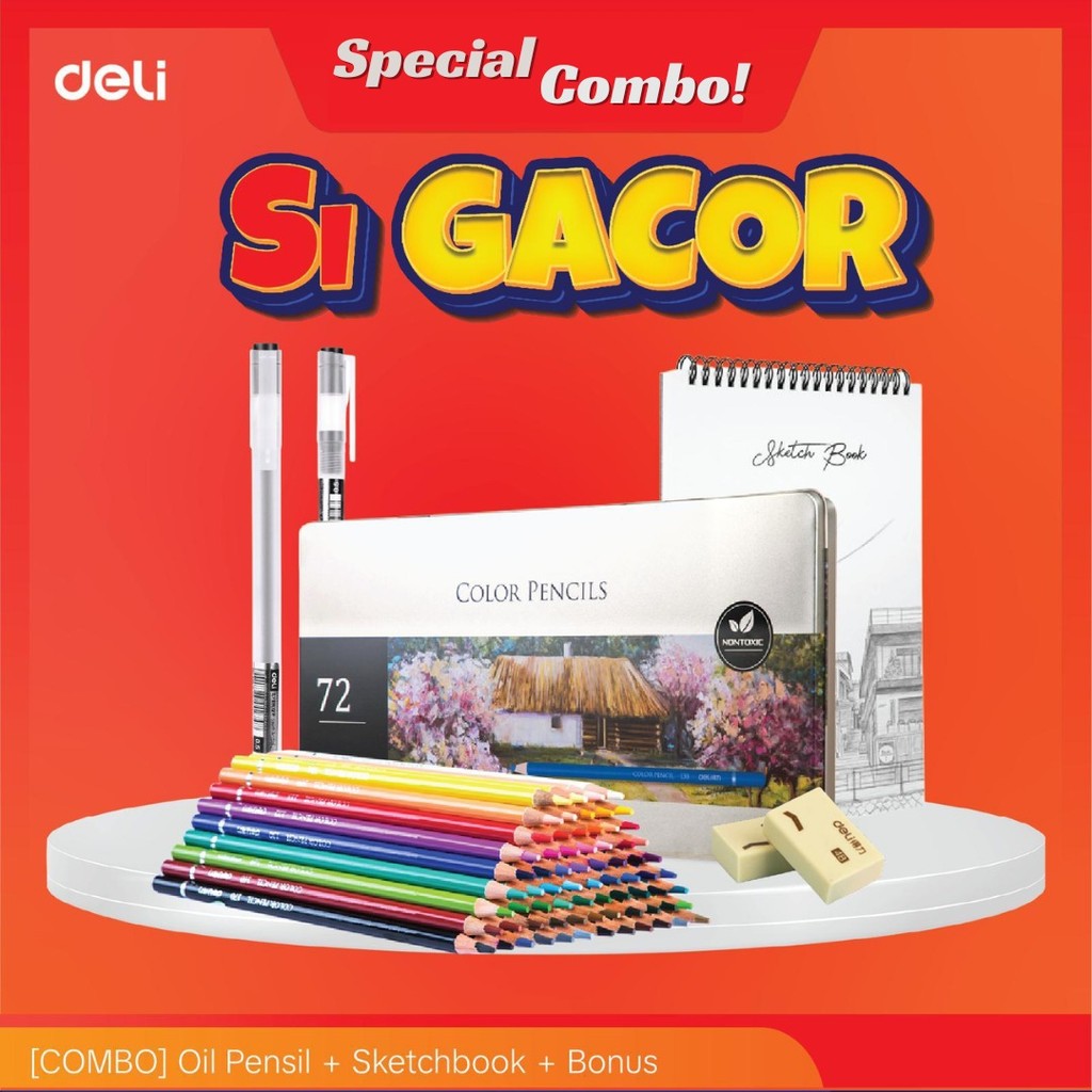 

Deli Combo Gacor Oil Pensil 24/36/48/72 + Skecthbook Free Gel Pen + Penghapus Kertas Peralatan Stationery