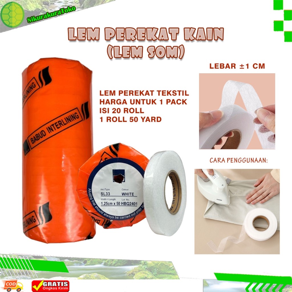 

Grosir 20 ROLL 50 Yard Lem Perekat Kain Lem Tekstil sum som badge nama 2 sisi bolak balik 50y