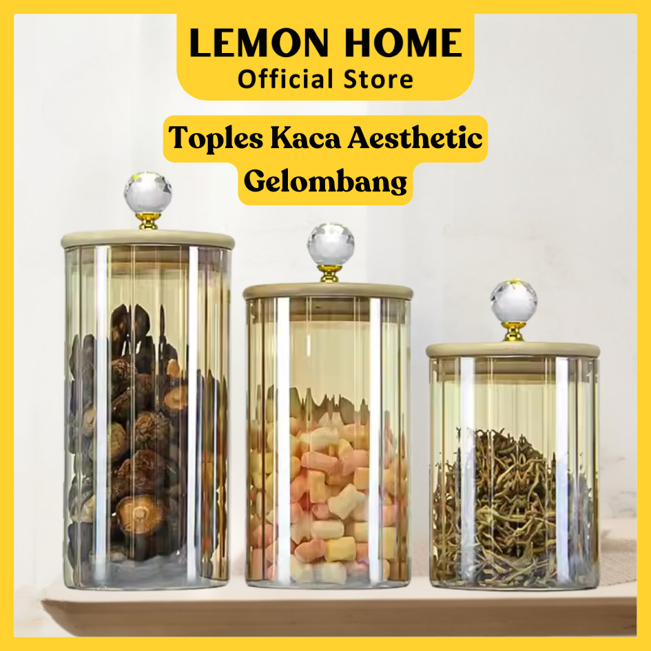 Lemon Home [Garansi 1 Tahun] Toples Kaca Aesthetic Toples Kue Kering Bergelombang Toples Mewah Set T