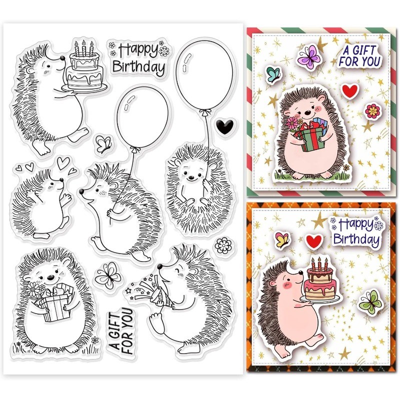 

1Sheet 8.3x5.5in Hedgehogs Clear Stamps Silicone Stamps Happy Birthday Rubber Stamps Silicone Transparent Seal Stamps for Card