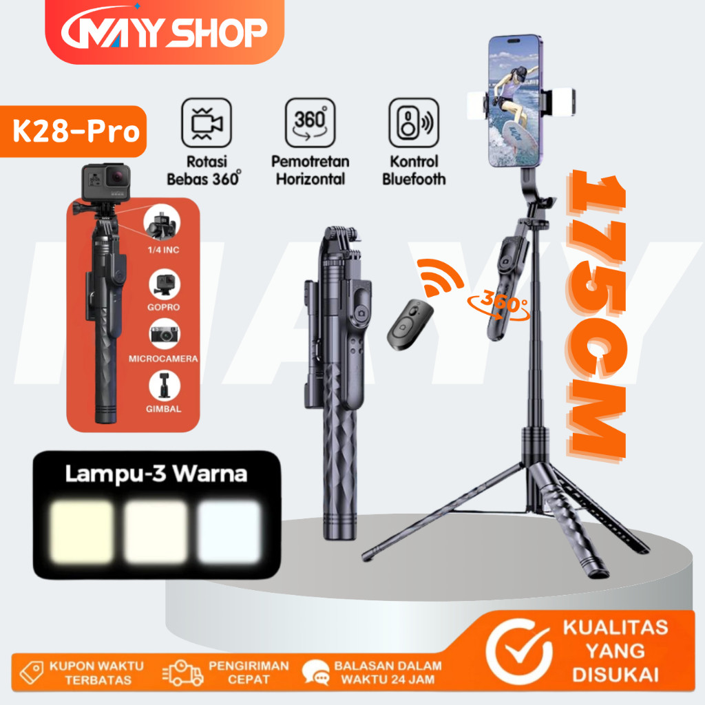 MAYY K28Pro Tongsis Tripod Bluetooth 1.75m Fill light Tongsis Tripod Remote Tongsis hp Selfie Stick 