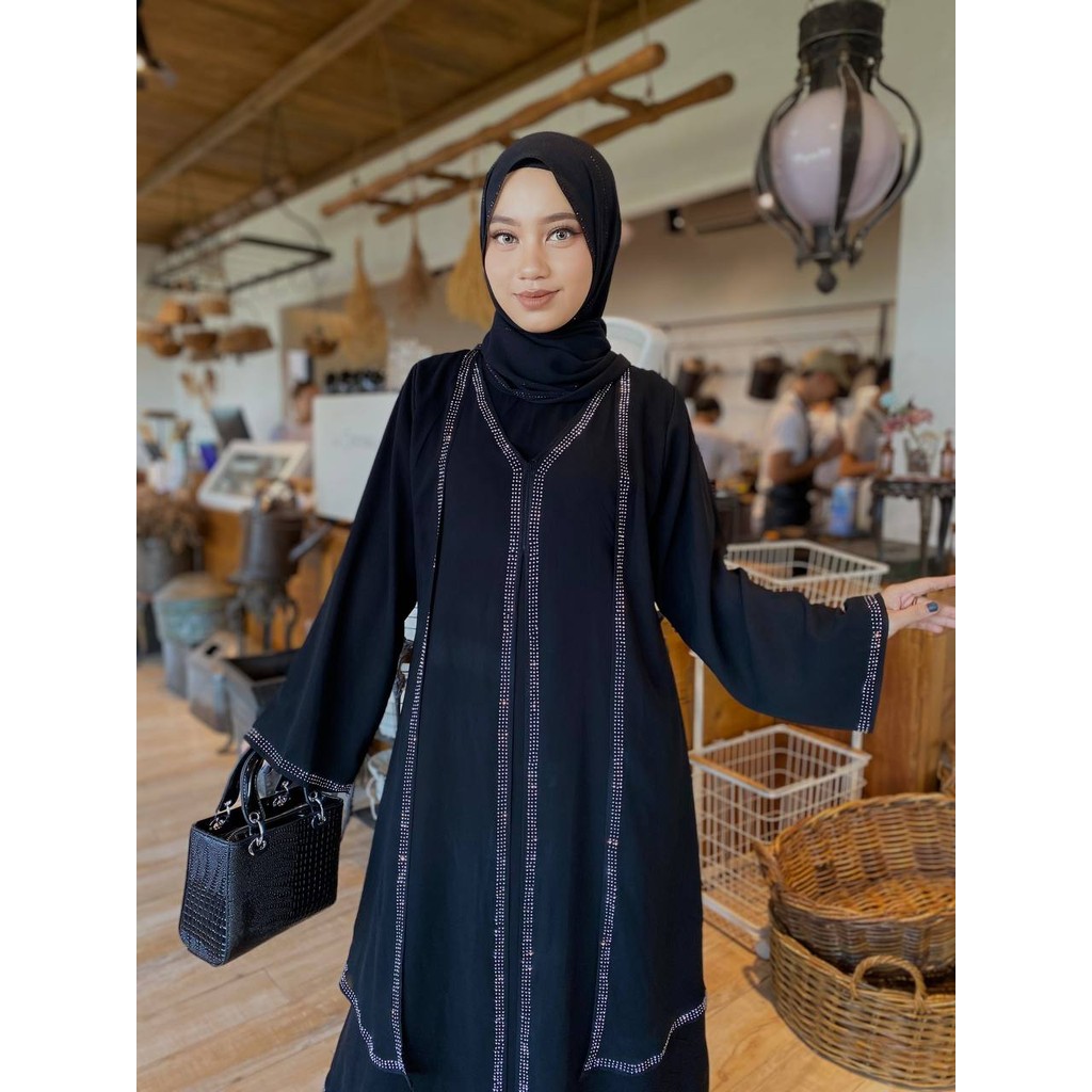 Abaya Gamis Wanita Dewasa Swarozky Silver Mewah Dress Hitam Jetblack Sifon - IRISH
