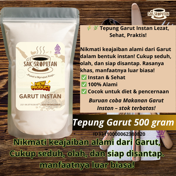 

( SS 01 ) tepung garut instan 500 Gram sudah tercampur Gula aren nikmat , lezat, bergizi pati garut 500 gram pathi garut 500 gram obat sakit maag ss01