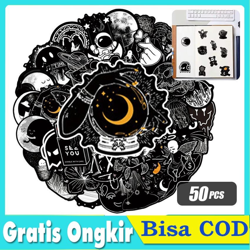 

50 Lembar Stiker Aesthetic Hitam Putih - Stiker Vinyl Anti Air Motif Abstrak Artistic untuk Laptop, Tumbler & Casing HP