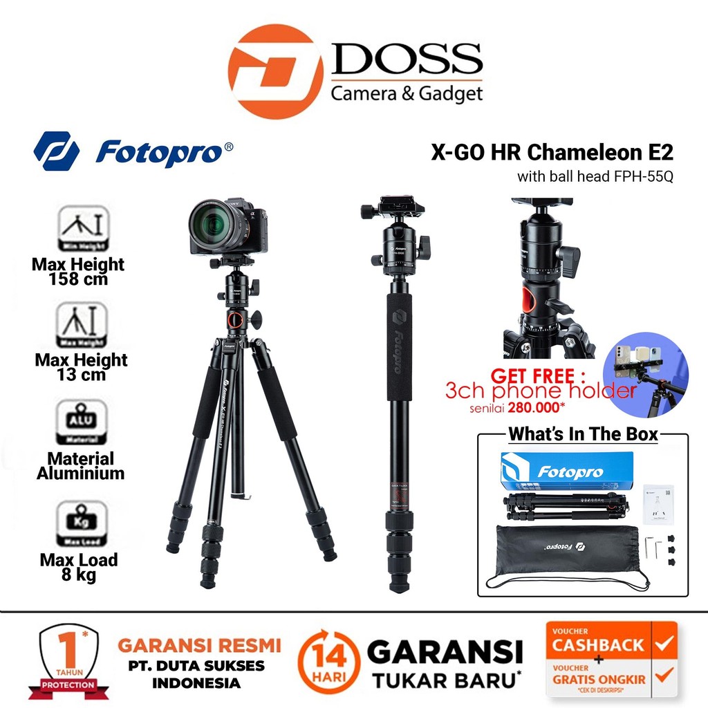Fotopro X-Go HR Chameleon E2 + Ball Head 55Q Black With 3Ch Fotoro XGO HR Tripod Kamera