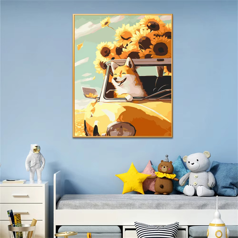 

MINISO DIY Oil Painting By Numbers dog in car Wall Decor Gifts Frameelss