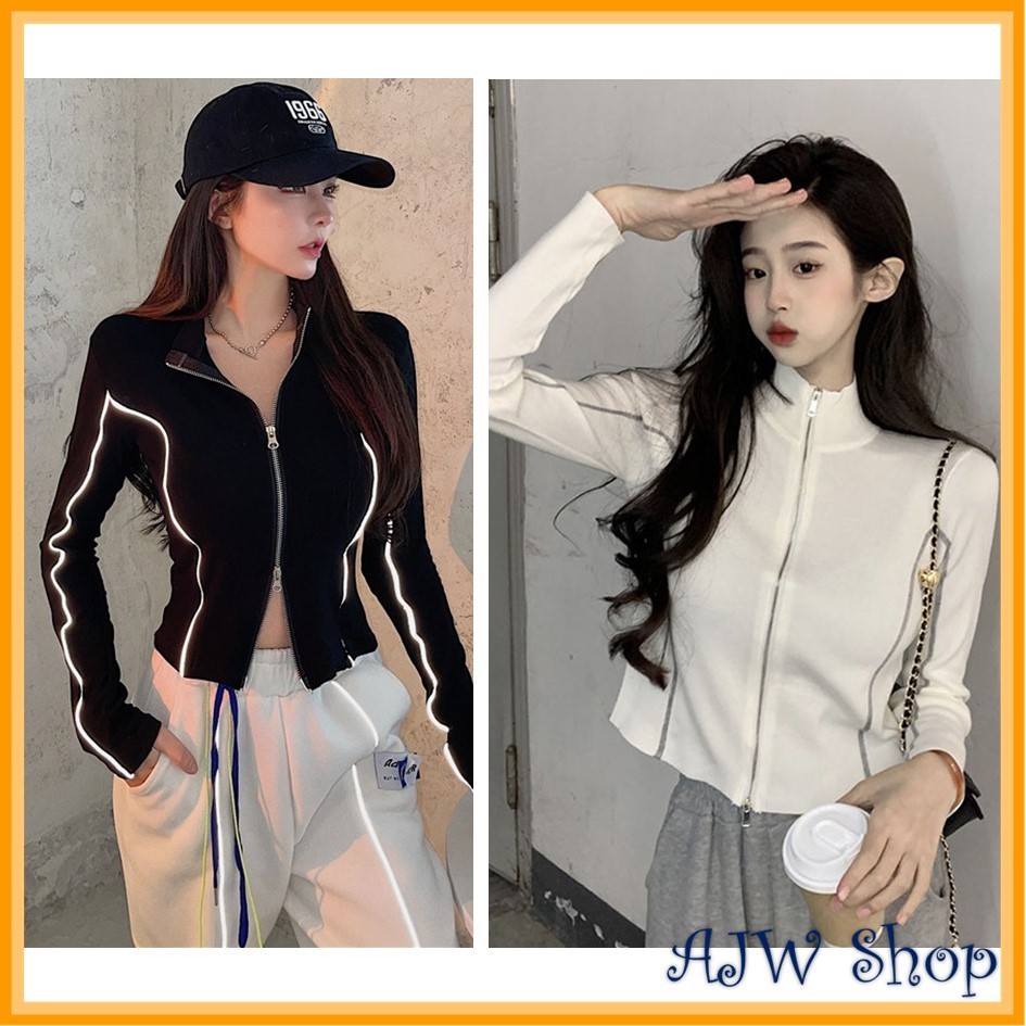 AJW Jaket Vintage Zipper Knit Import Premium WBH | Atasan Wanita Monochrome Resleting Jaket Rajut | 